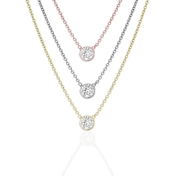 Diamond Bezel 14K (or 18k upon request) Gold Solitaire Pendant Necklace - Picture 4 of 4